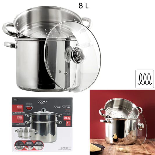 Couscous-Topf 8 Liter aus Edelstahl – 2-stöckig mit Glasdeckel (Induktion geeignet)