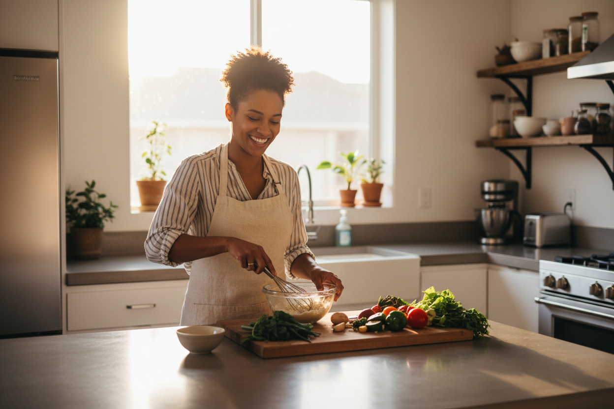 Mensch der in der Küche glücklich kocht