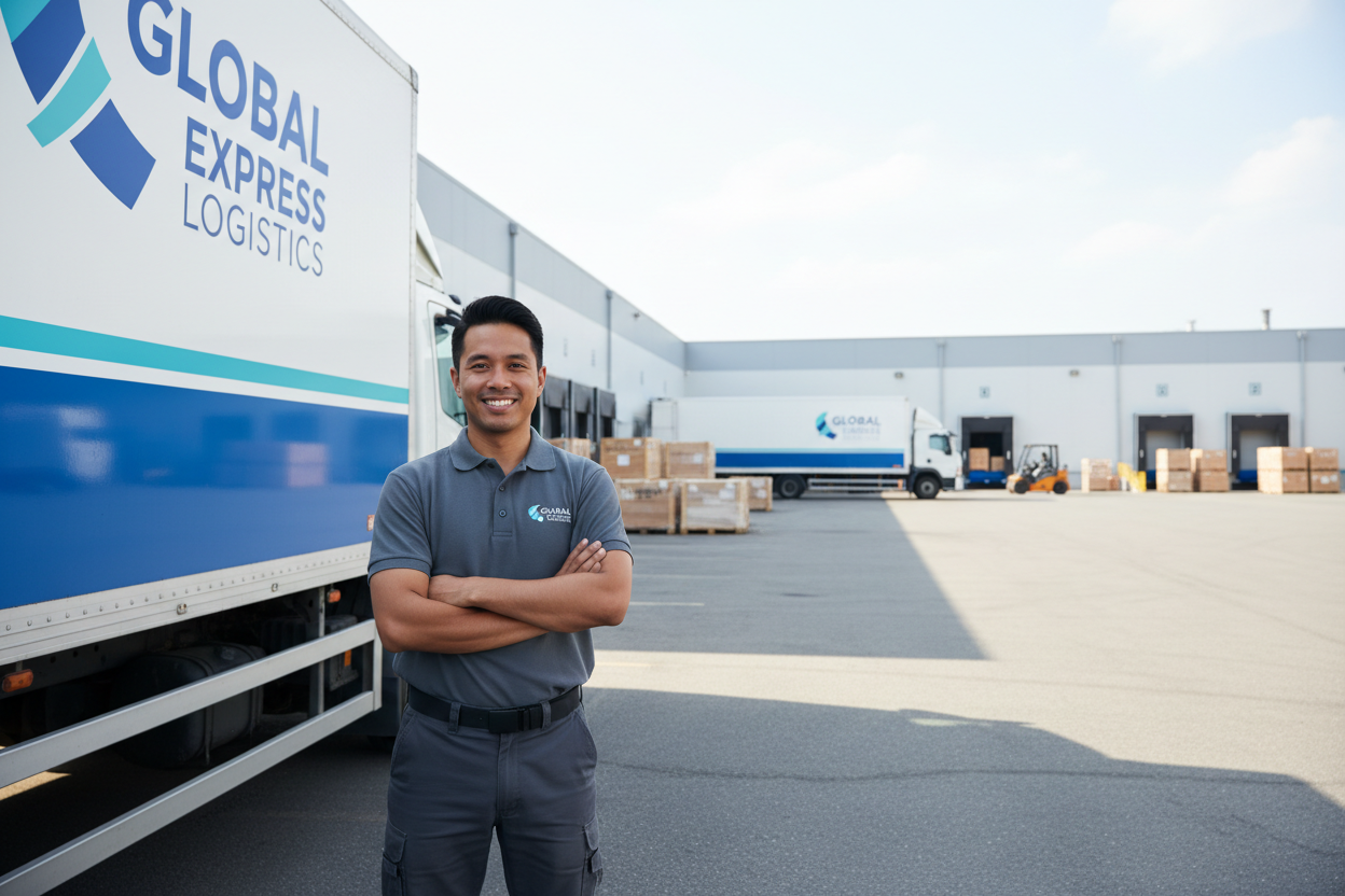 Mensch neben LKW Versandunternehmen, draußen lächelnd